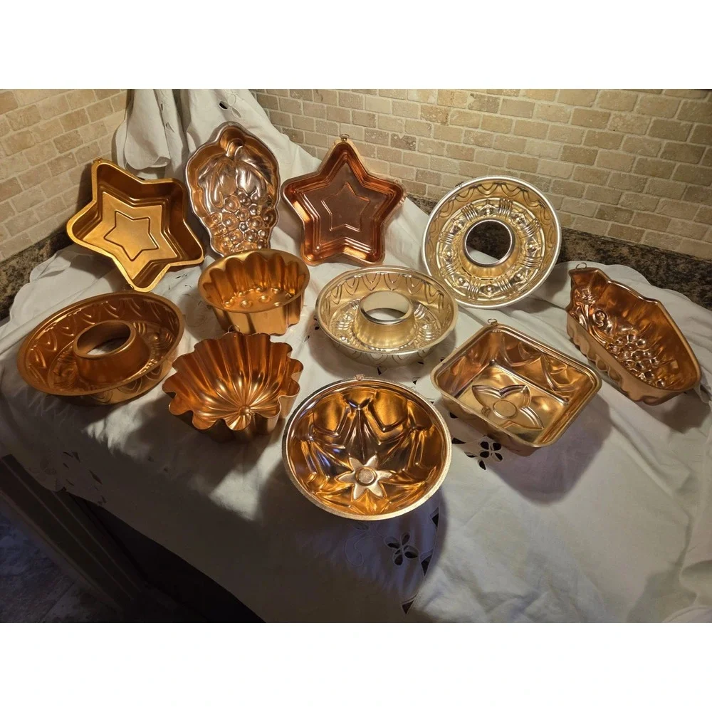 Assorted Aluminum Cake Pan Mold Lot, Mixed Shapes, Gold Copper Silver